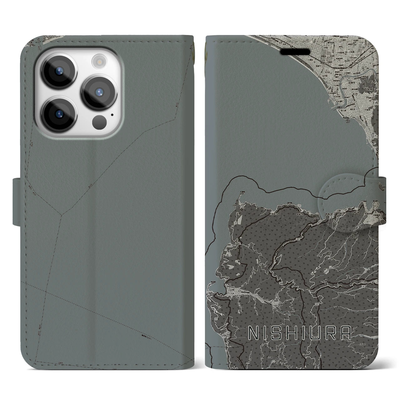 【西浦(静岡県)】地図柄iPhoneケース(手帳タイプ)モノトーン・iPhone 14 Pro 用