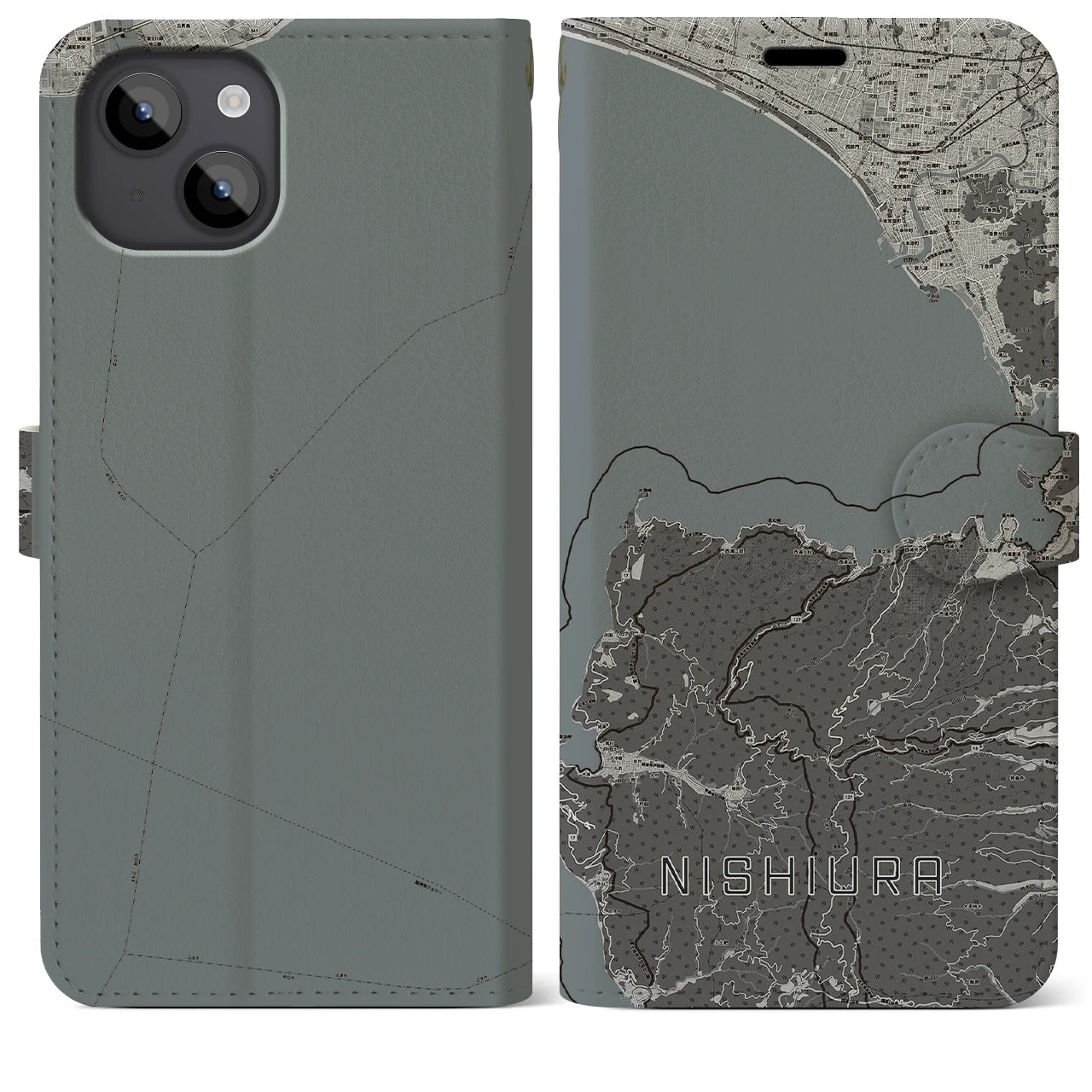 【西浦(静岡県)】地図柄iPhoneケース(手帳タイプ)モノトーン・iPhone 14 Plus 用