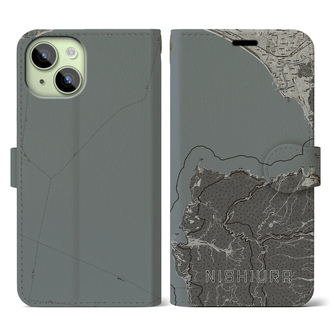 【西浦(静岡県)】地図柄iPhoneケース(手帳タイプ)モノトーン・iPhone 15 用