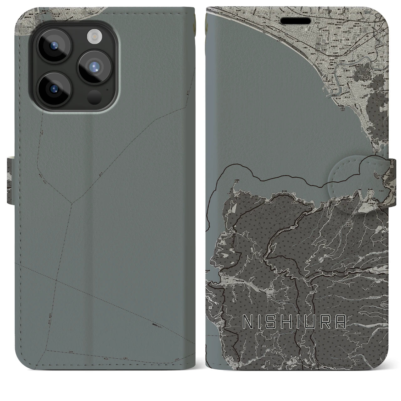 【西浦(静岡県)】地図柄iPhoneケース(手帳タイプ)モノトーン・iPhone 15 Pro Max 用