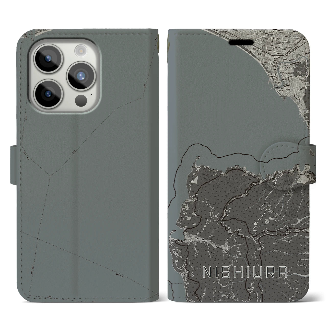 【西浦(静岡県)】地図柄iPhoneケース(手帳タイプ)モノトーン・iPhone 15 Pro 用