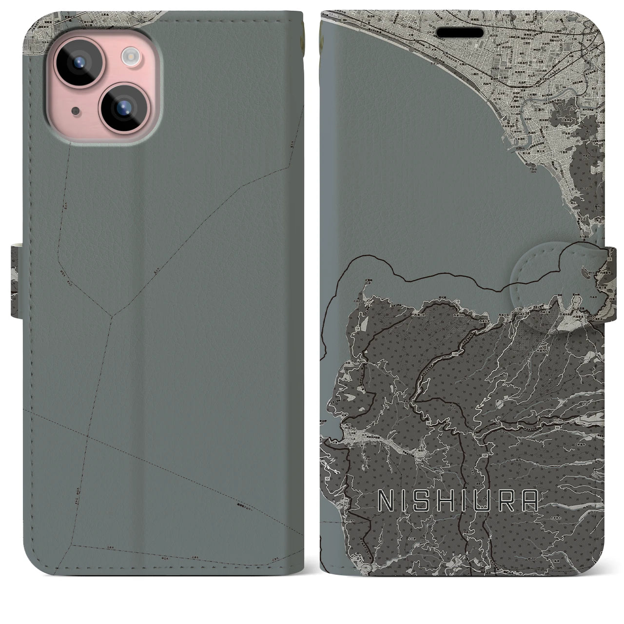 【西浦(静岡県)】地図柄iPhoneケース(手帳タイプ)モノトーン・iPhone 15 Plus 用