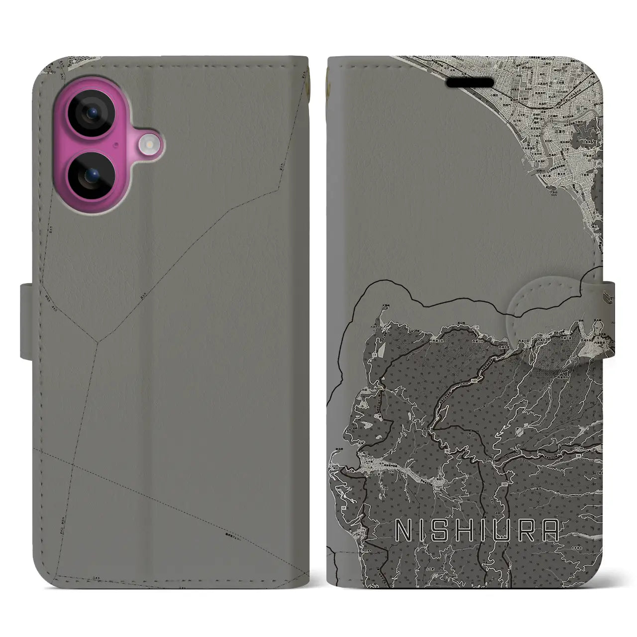 【西浦(静岡県)】地図柄iPhoneケース(手帳タイプ)モノトーン・iPhone 16 Pro 用