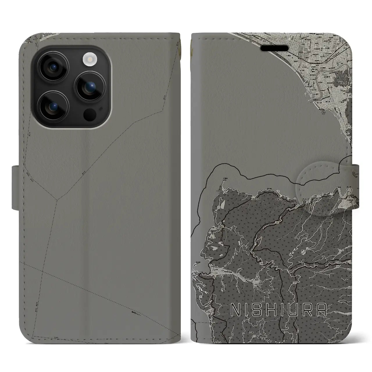 【西浦(静岡県)】地図柄iPhoneケース(手帳タイプ)モノトーン・iPhone 16 用