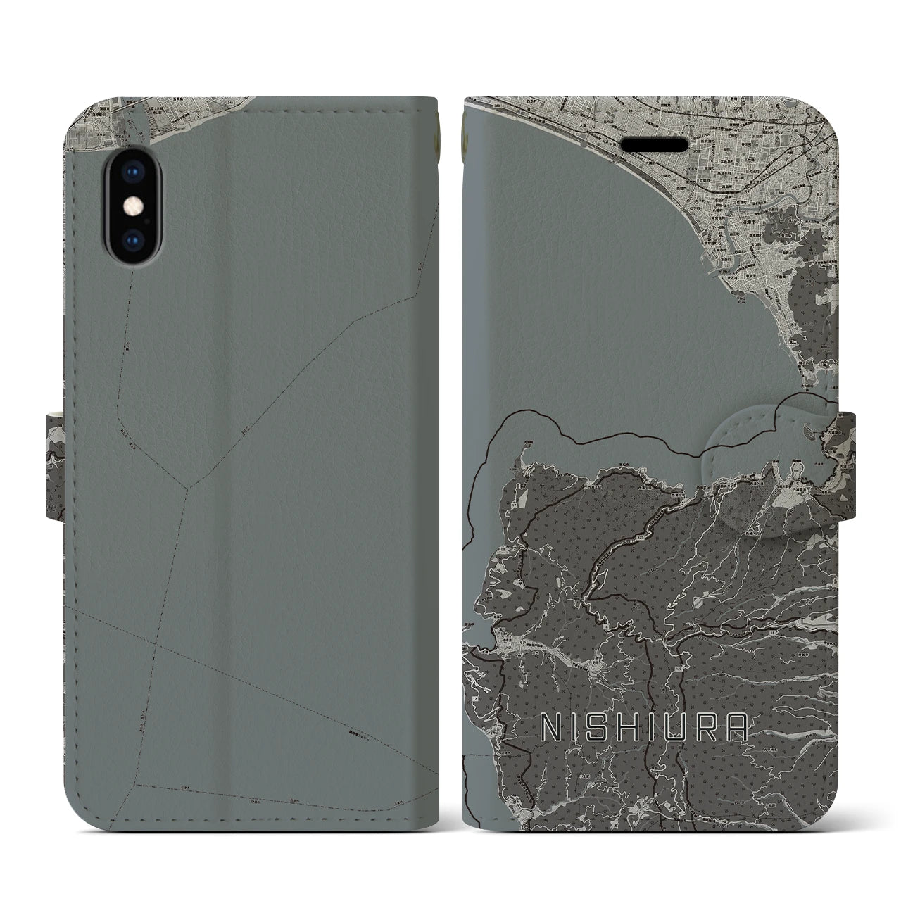 【西浦(静岡県)】地図柄iPhoneケース(手帳タイプ)モノトーン・iPhone XS / X 用