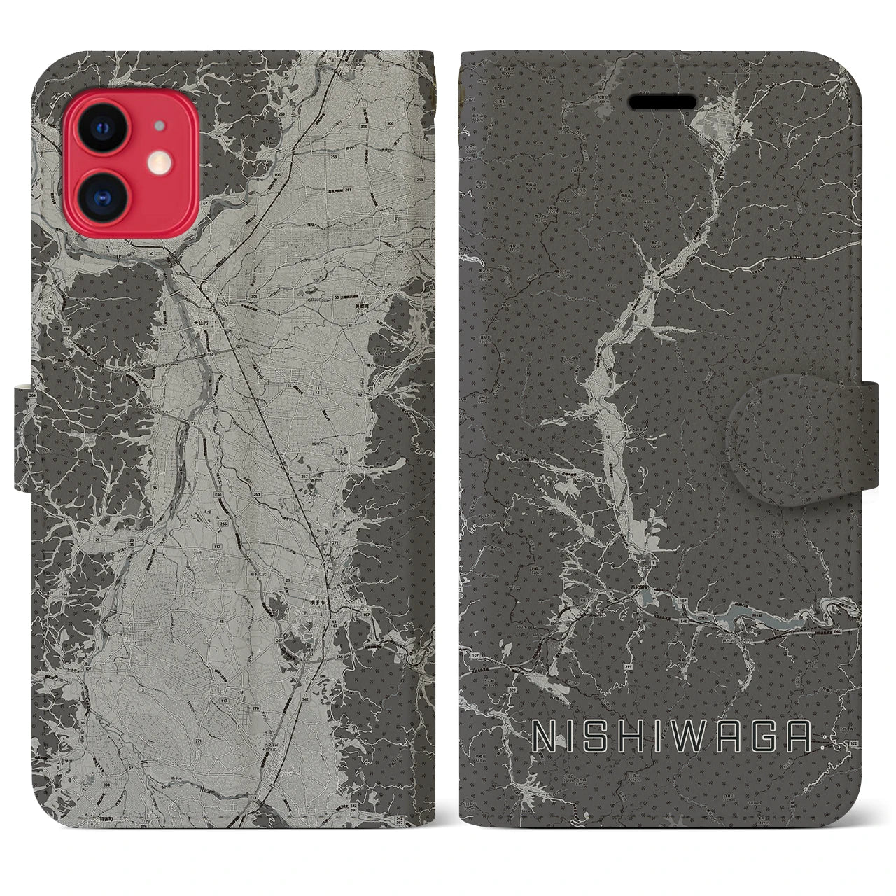 【西和賀(岩手県)】地図柄iPhoneケース(手帳タイプ)モノトーン・iPhone 11 用