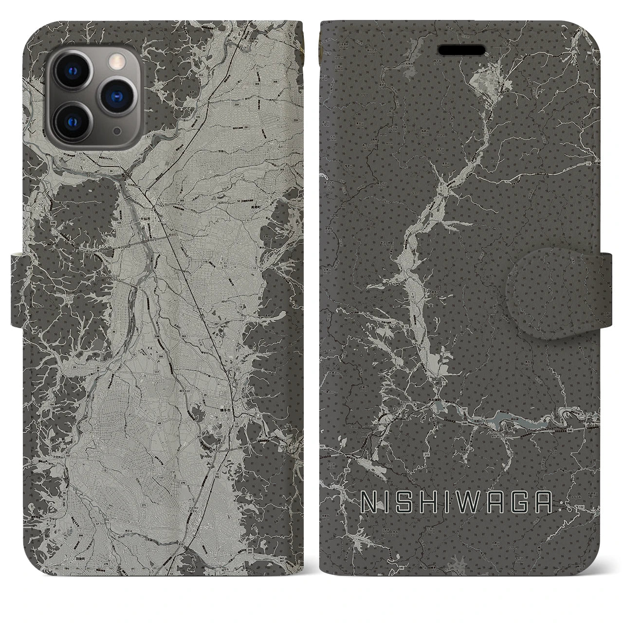 【西和賀(岩手県)】地図柄iPhoneケース(手帳タイプ)モノトーン・iPhone 11 Pro Max 用