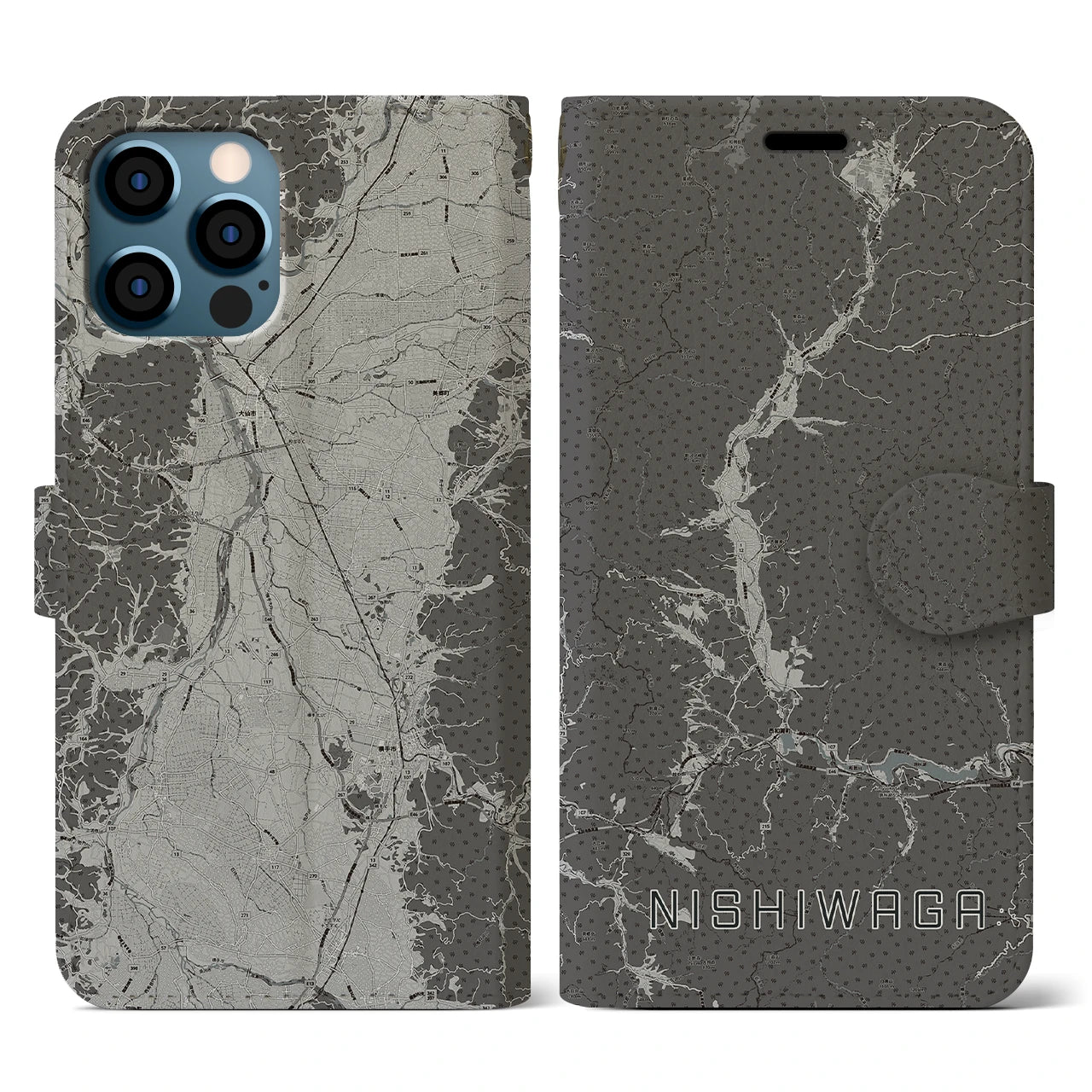【西和賀(岩手県)】地図柄iPhoneケース(手帳タイプ)モノトーン・iPhone 12 / 12 Pro 用
