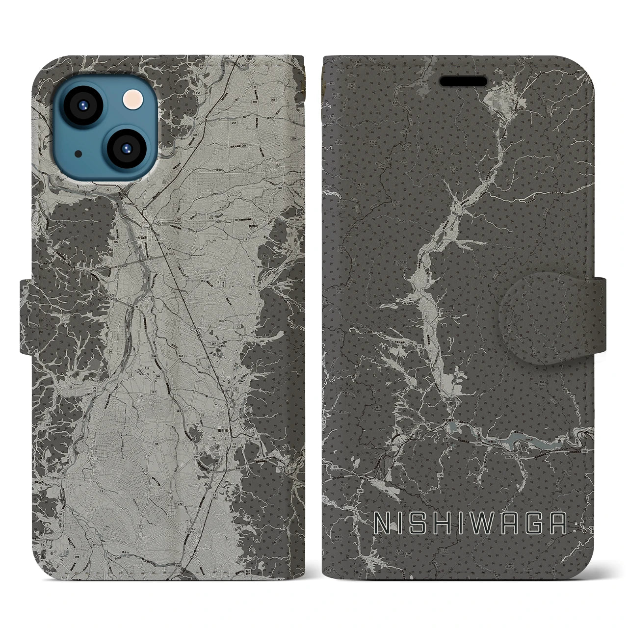 【西和賀(岩手県)】地図柄iPhoneケース(手帳タイプ)モノトーン・iPhone 13 用