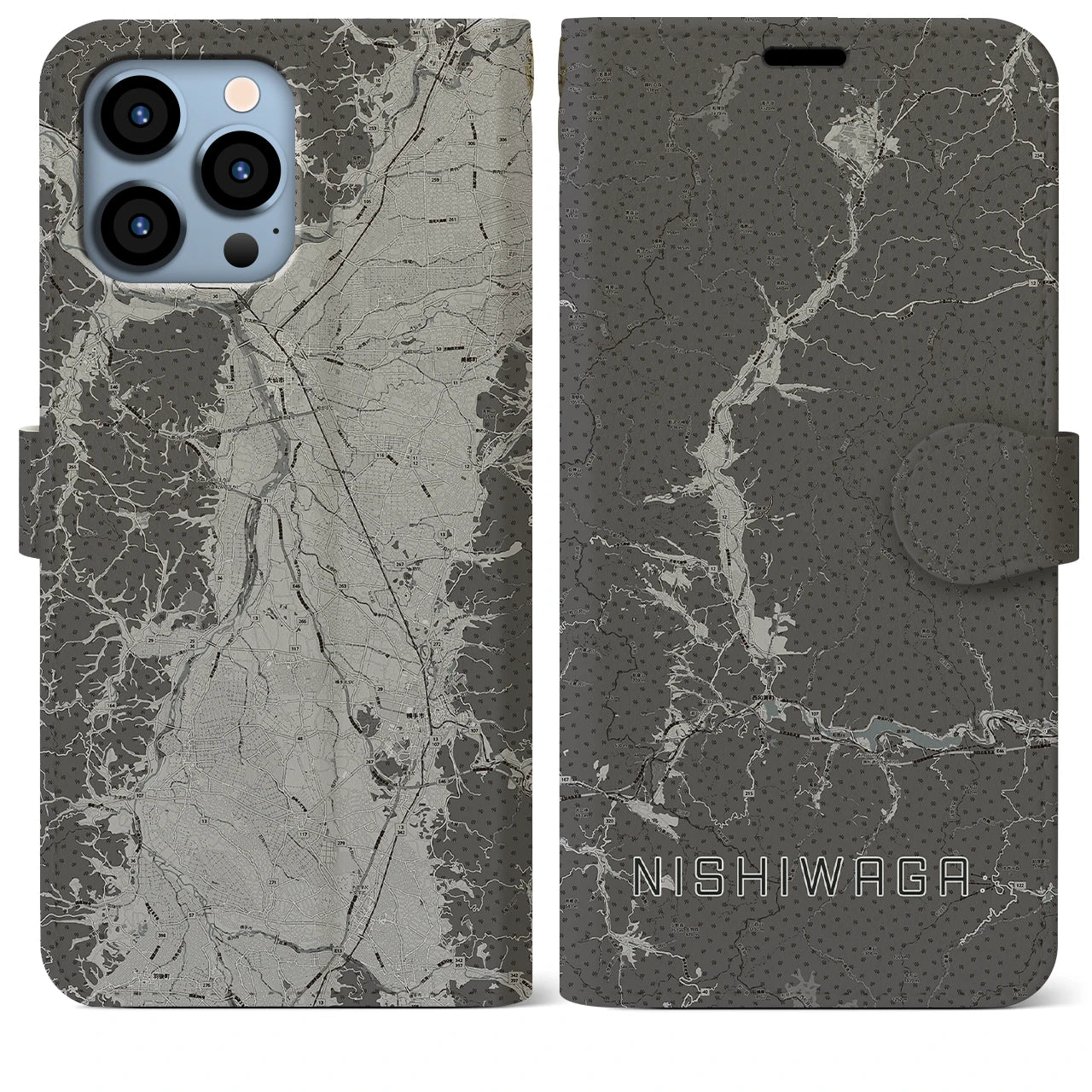 【西和賀(岩手県)】地図柄iPhoneケース(手帳タイプ)モノトーン・iPhone 13 Pro Max 用