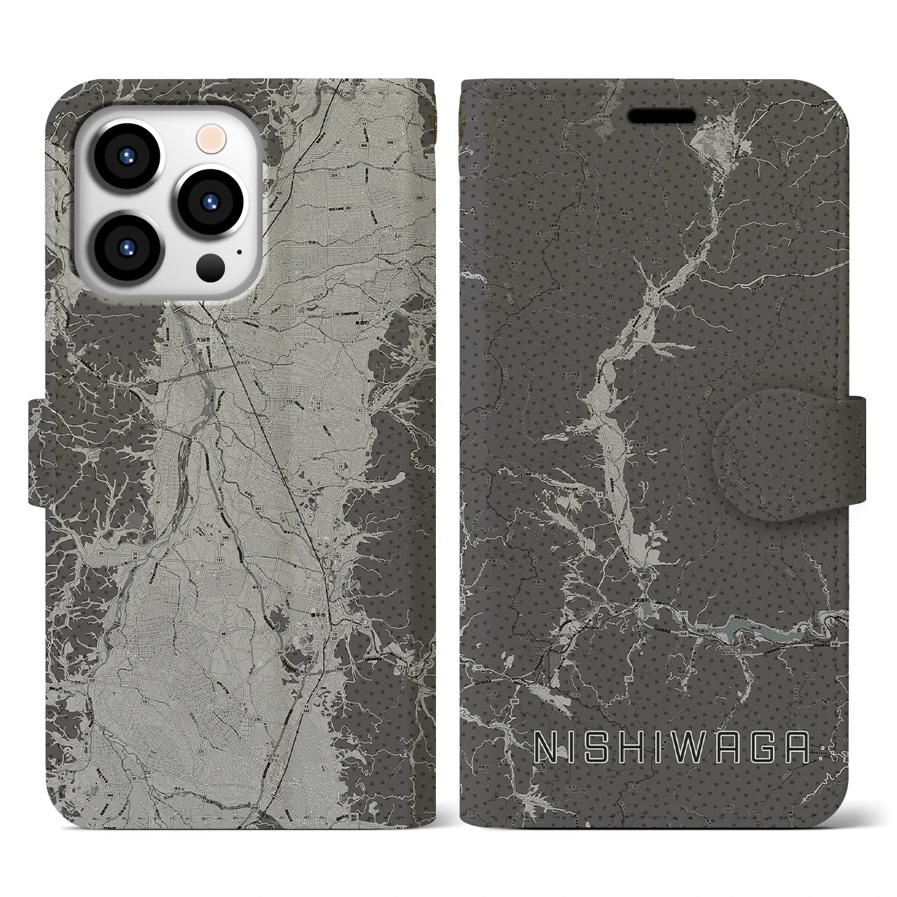 【西和賀(岩手県)】地図柄iPhoneケース(手帳タイプ)モノトーン・iPhone 13 Pro 用