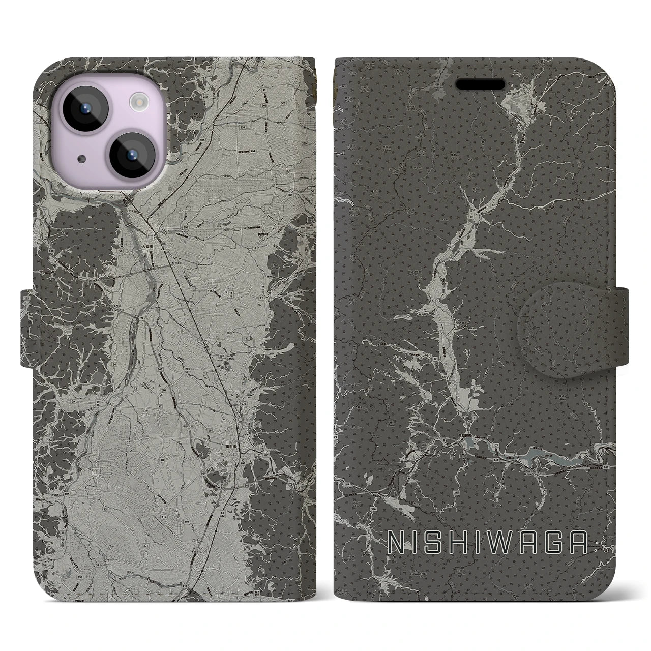 【西和賀(岩手県)】地図柄iPhoneケース(手帳タイプ)モノトーン・iPhone 14 用