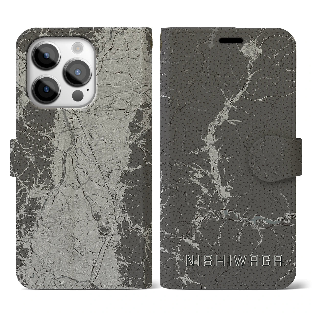 【西和賀(岩手県)】地図柄iPhoneケース(手帳タイプ)モノトーン・iPhone 14 Pro 用