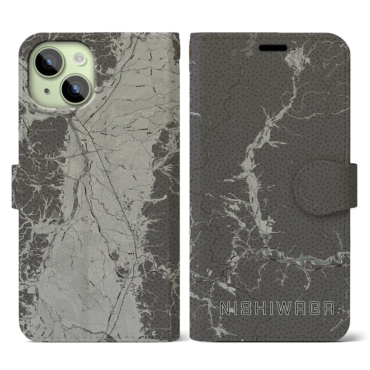 【西和賀(岩手県)】地図柄iPhoneケース(手帳タイプ)モノトーン・iPhone 15 用