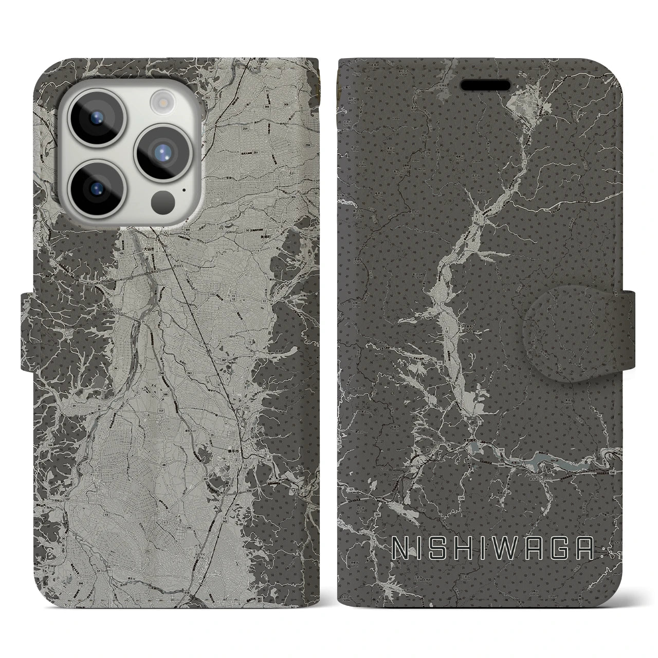 【西和賀(岩手県)】地図柄iPhoneケース(手帳タイプ)モノトーン・iPhone 15 Pro 用