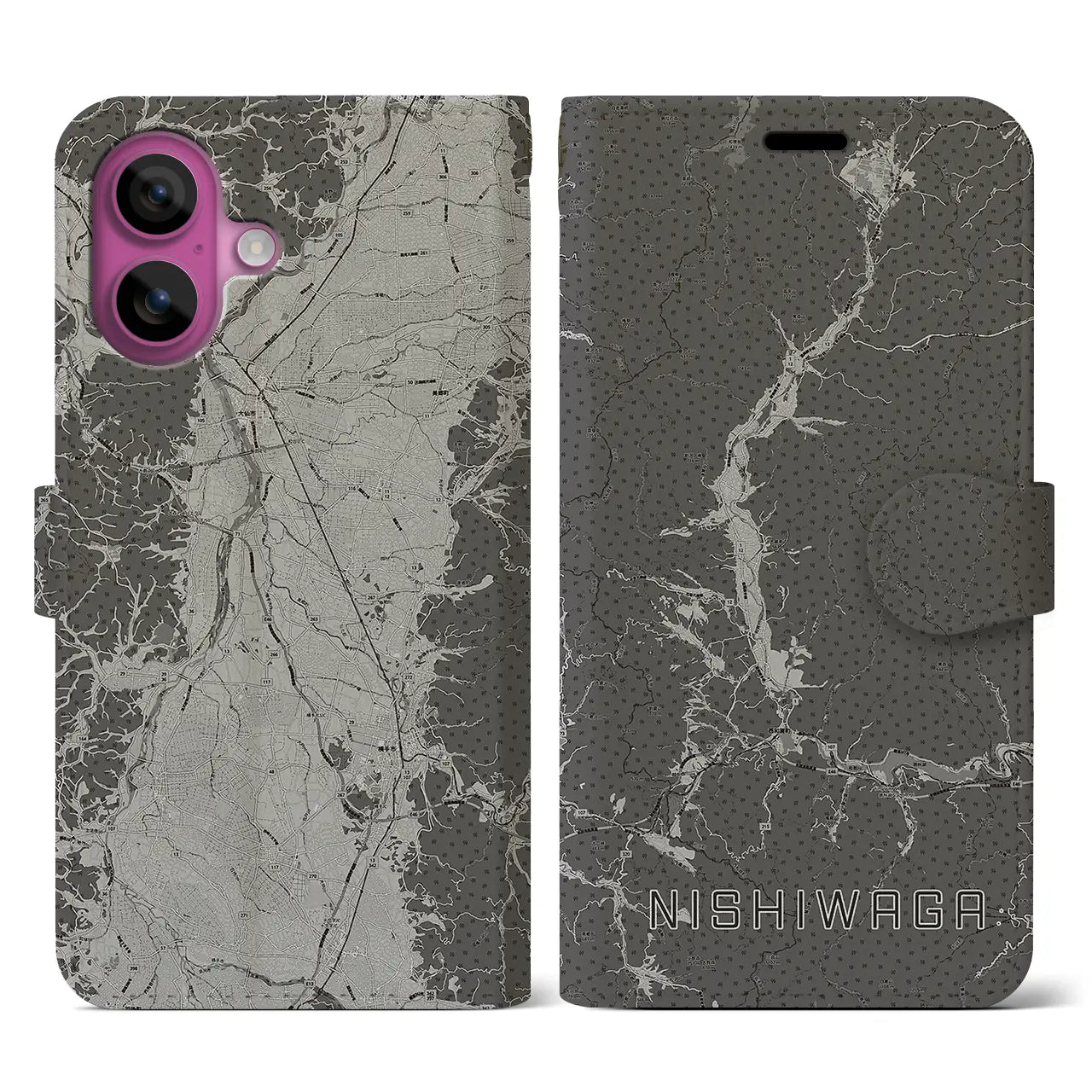 【西和賀(岩手県)】地図柄iPhoneケース(手帳タイプ)モノトーン・iPhone 16 Pro 用