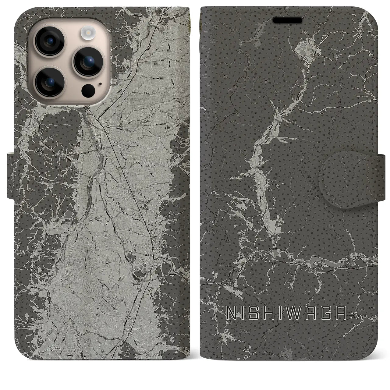 【西和賀(岩手県)】地図柄iPhoneケース(手帳タイプ)モノトーン・iPhone 16 Plus 用