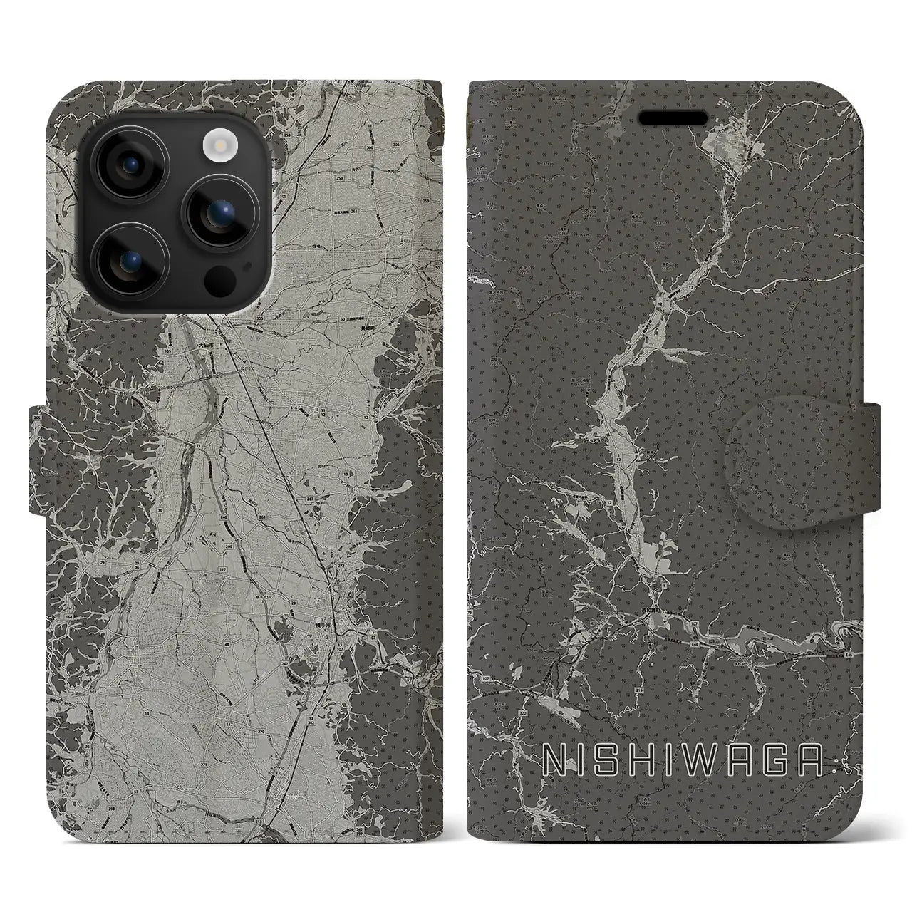 【西和賀(岩手県)】地図柄iPhoneケース(手帳タイプ)モノトーン・iPhone 16 用