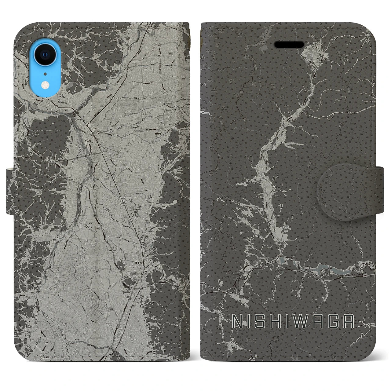 【西和賀(岩手県)】地図柄iPhoneケース(手帳タイプ)モノトーン・iPhone XR 用