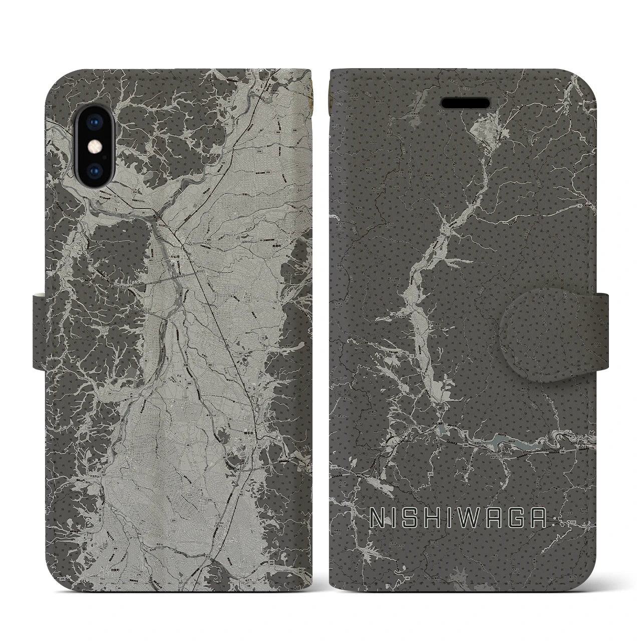 【西和賀(岩手県)】地図柄iPhoneケース(手帳タイプ)モノトーン・iPhone XS / X 用