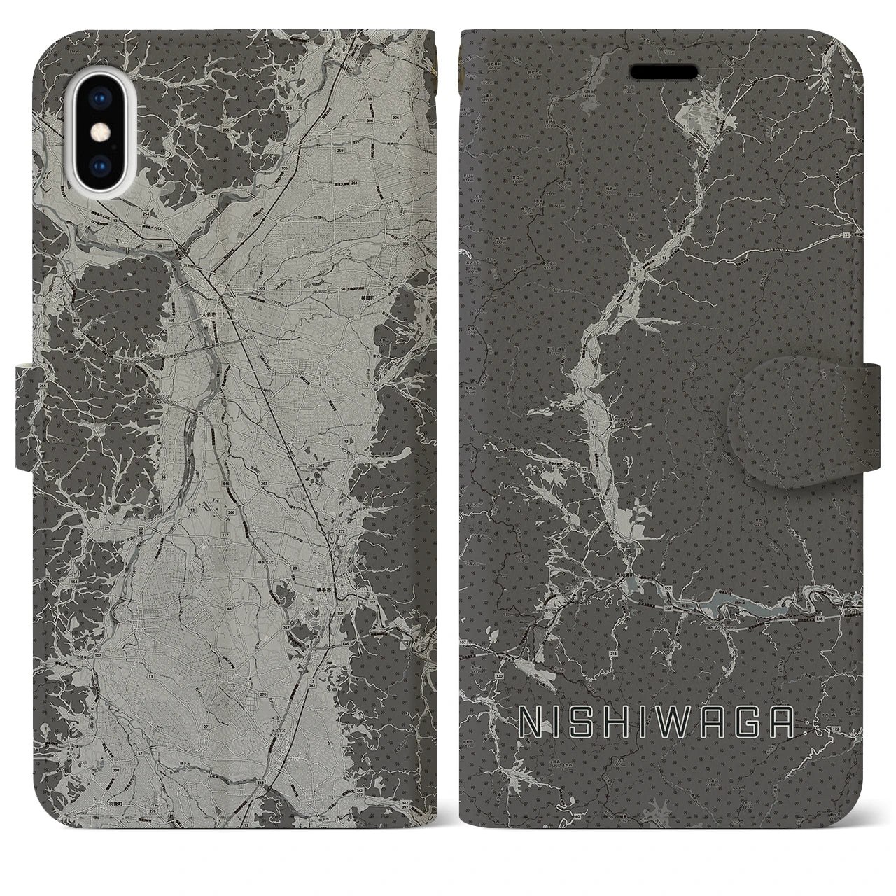 【西和賀(岩手県)】地図柄iPhoneケース(手帳タイプ)モノトーン・iPhone XS Max 用