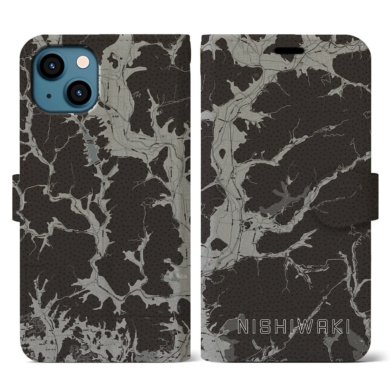 【西脇(兵庫県)】地図柄iPhoneケース(手帳タイプ)モノトーン・iPhone 13 用