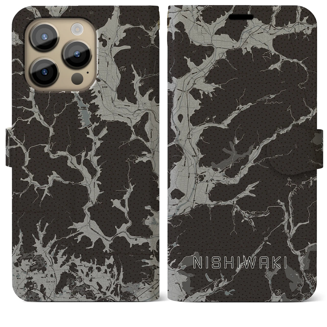 【西脇(兵庫県)】地図柄iPhoneケース(手帳タイプ)モノトーン・iPhone 14 Pro Max 用