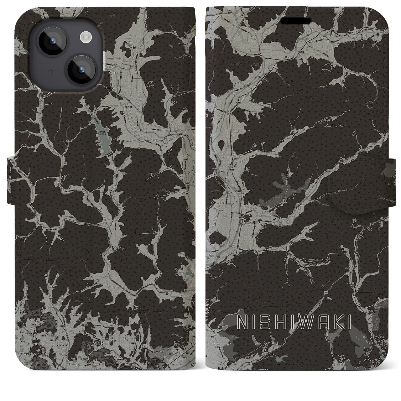 【西脇(兵庫県)】地図柄iPhoneケース(手帳タイプ)モノトーン・iPhone 14 Plus 用