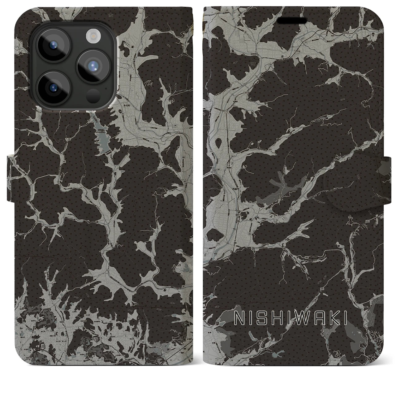 【西脇(兵庫県)】地図柄iPhoneケース(手帳タイプ)モノトーン・iPhone 15 Pro Max 用