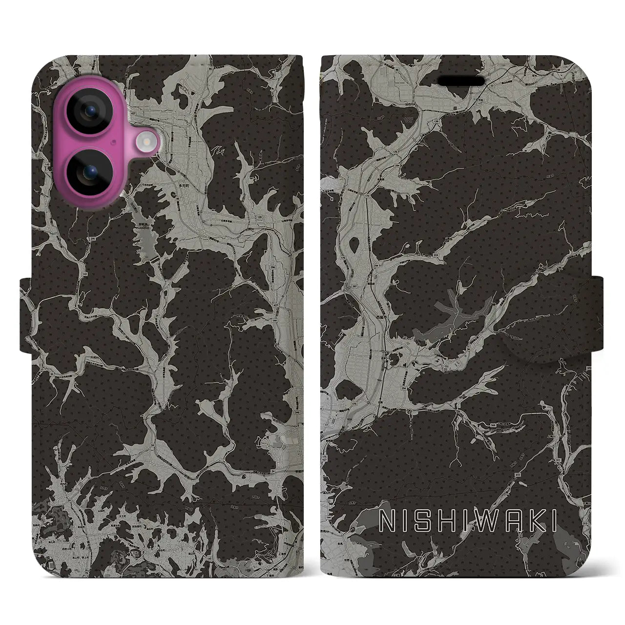 【西脇(兵庫県)】地図柄iPhoneケース(手帳タイプ)モノトーン・iPhone 16 Pro 用