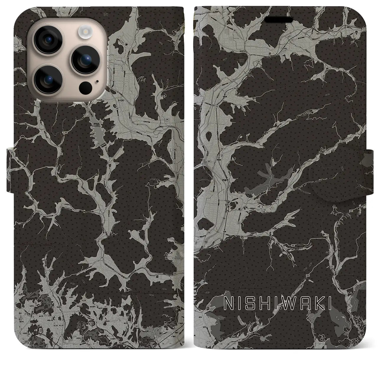 【西脇(兵庫県)】地図柄iPhoneケース(手帳タイプ)モノトーン・iPhone 16 Plus 用