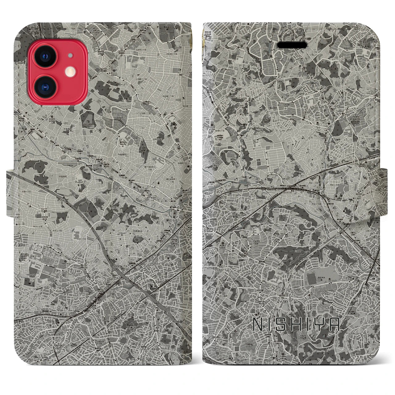 【西谷(神奈川県)】地図柄iPhoneケース(手帳タイプ)モノトーン・iPhone 11 用