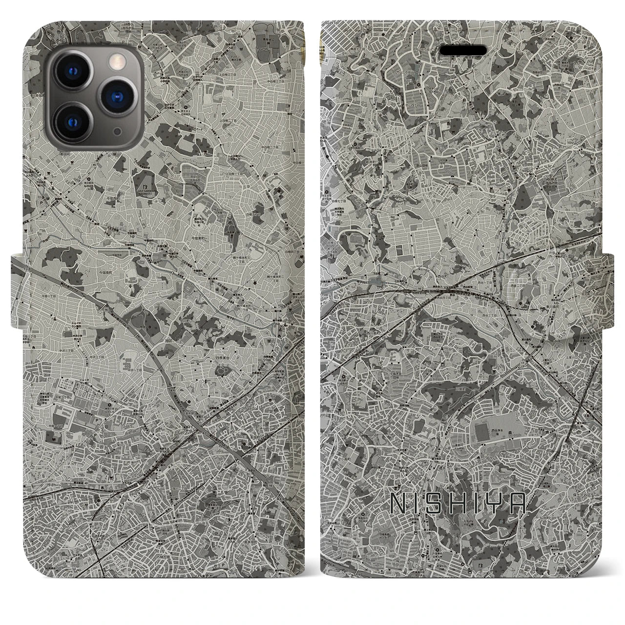 【西谷(神奈川県)】地図柄iPhoneケース(手帳タイプ)モノトーン・iPhone 11 Pro Max 用