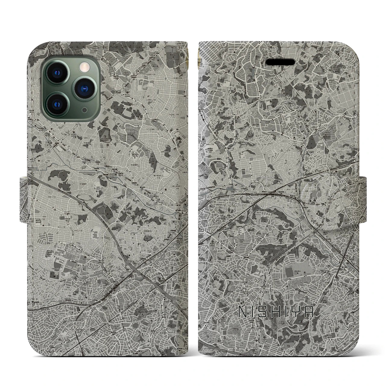 【西谷(神奈川県)】地図柄iPhoneケース(手帳タイプ)モノトーン・iPhone 11 Pro 用