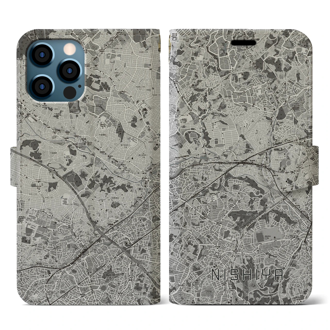 【西谷(神奈川県)】地図柄iPhoneケース(手帳タイプ)モノトーン・iPhone 12 / 12 Pro 用