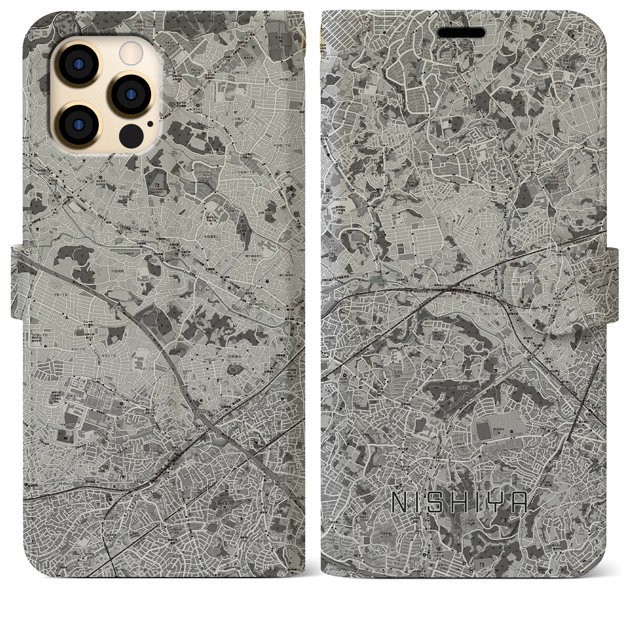 【西谷(神奈川県)】地図柄iPhoneケース(手帳タイプ)モノトーン・iPhone 12 Pro Max 用