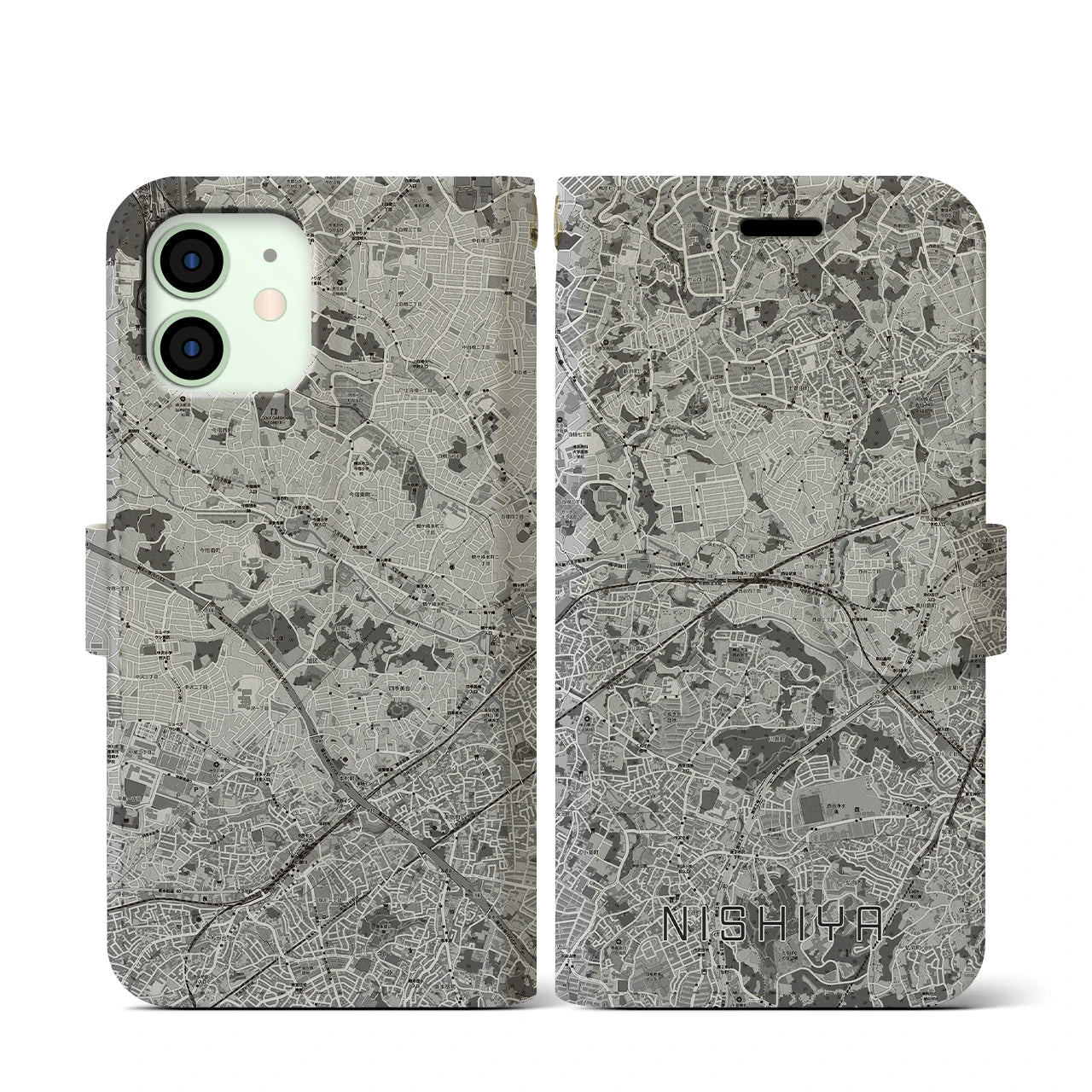 【西谷(神奈川県)】地図柄iPhoneケース(手帳タイプ)モノトーン・iPhone 12 mini 用