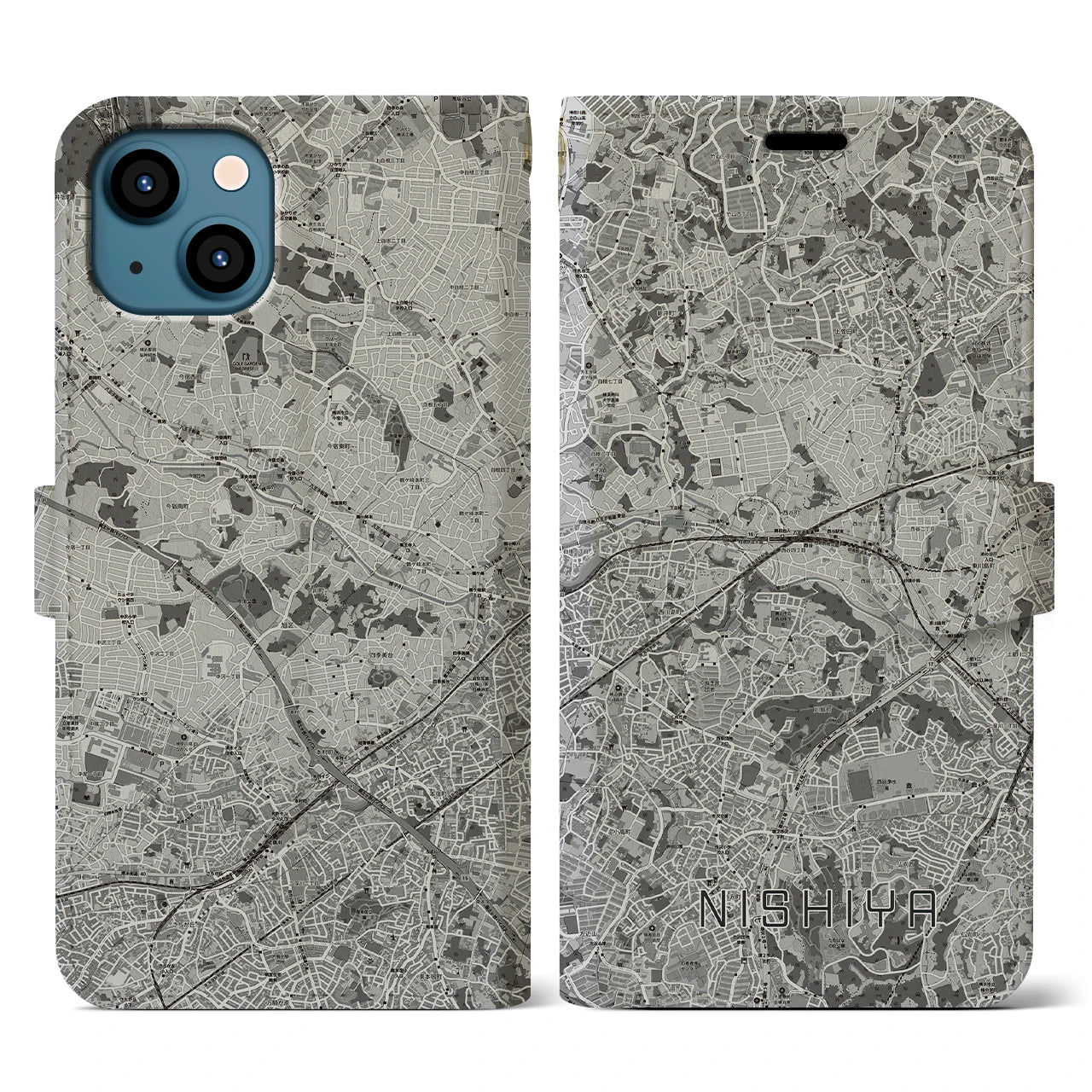 【西谷(神奈川県)】地図柄iPhoneケース(手帳タイプ)モノトーン・iPhone 13 用