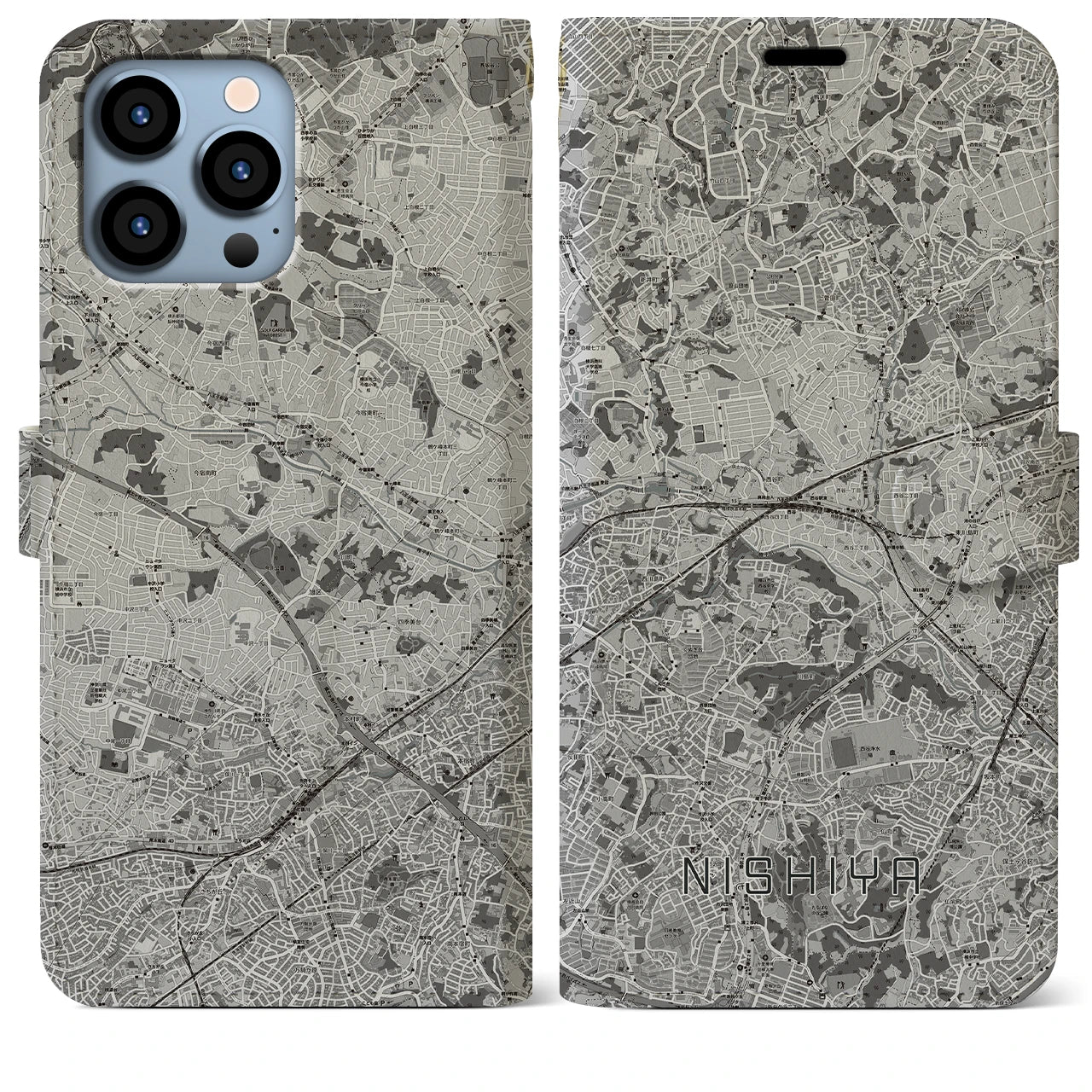 【西谷(神奈川県)】地図柄iPhoneケース(手帳タイプ)モノトーン・iPhone 13 Pro Max 用