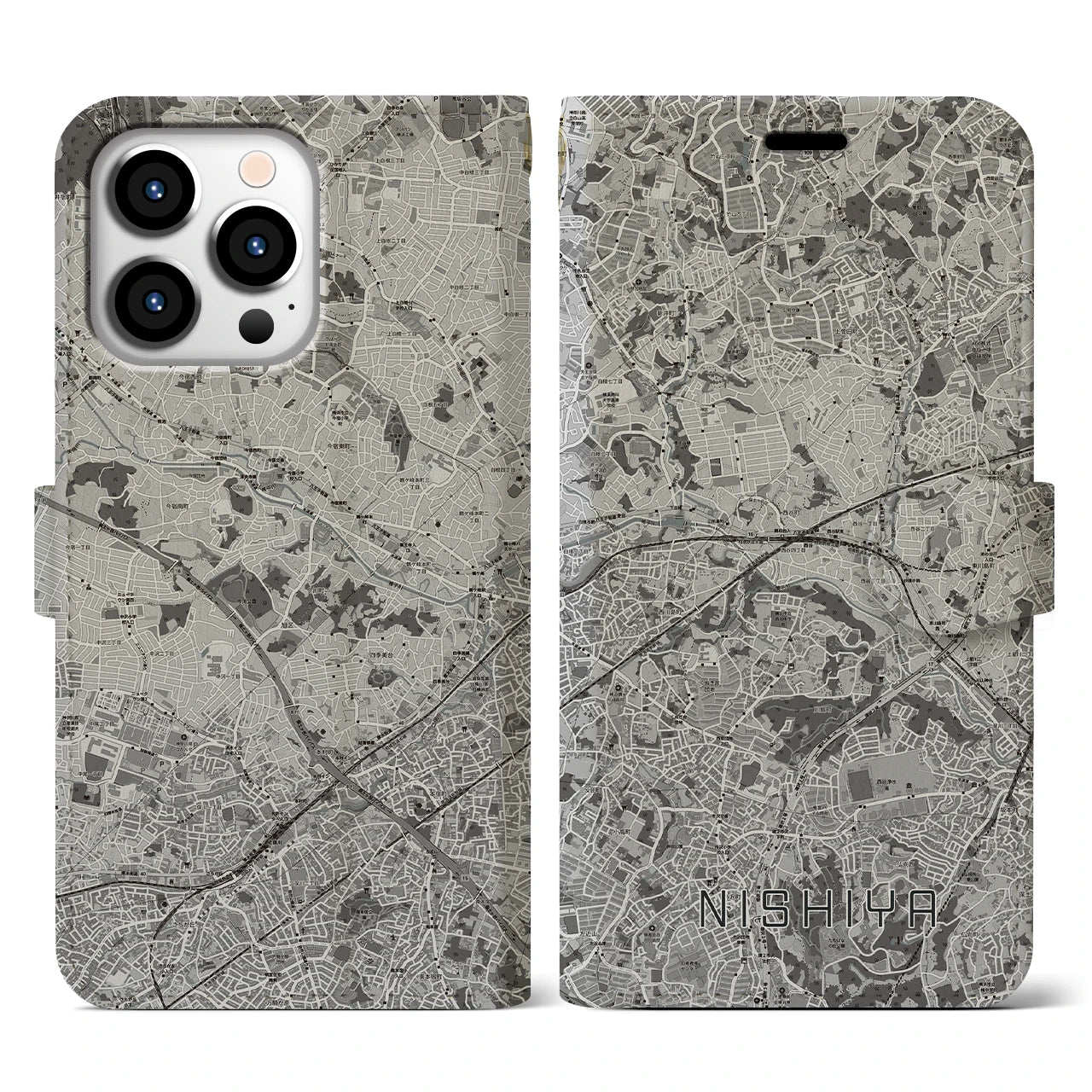 【西谷(神奈川県)】地図柄iPhoneケース(手帳タイプ)モノトーン・iPhone 13 Pro 用