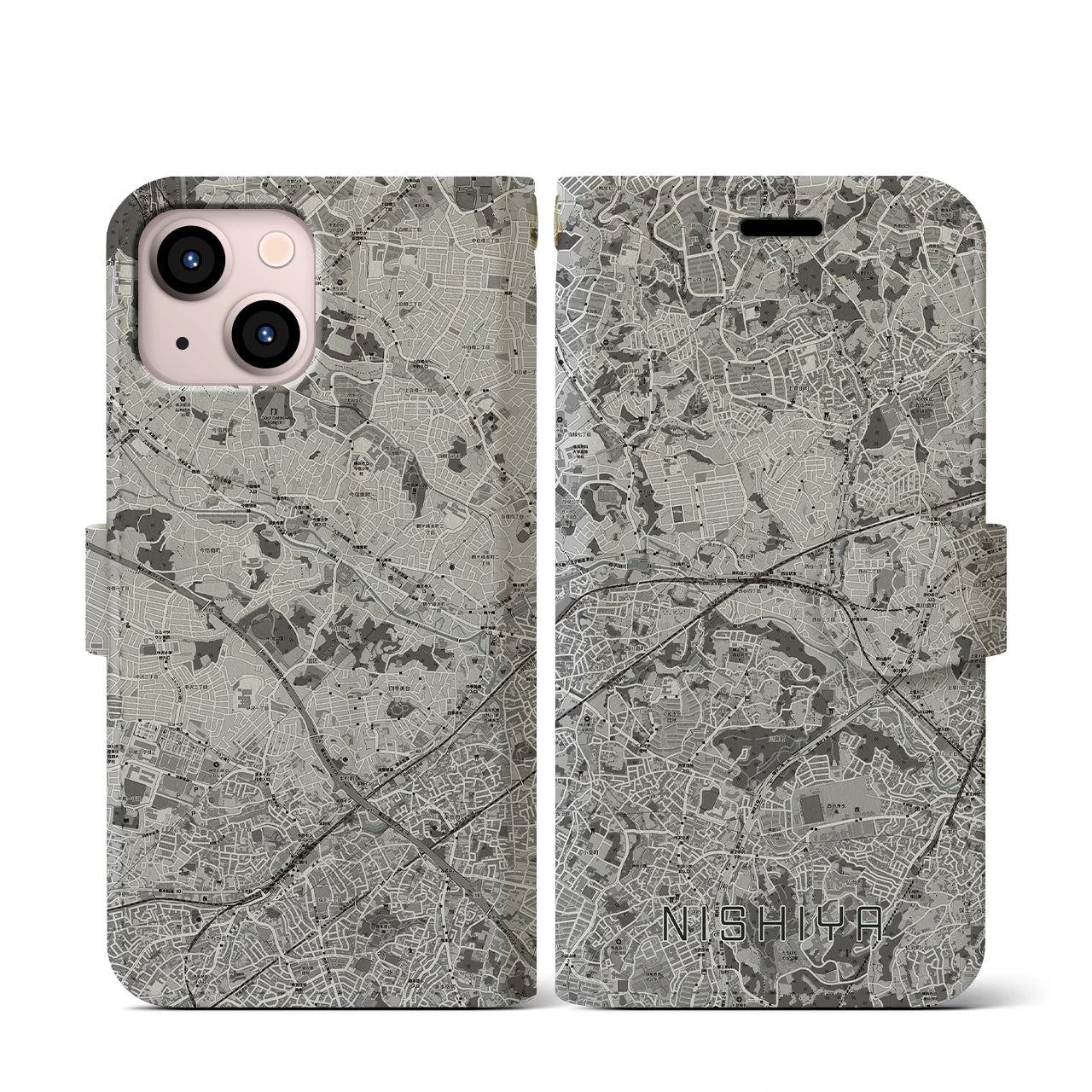 【西谷(神奈川県)】地図柄iPhoneケース(手帳タイプ)モノトーン・iPhone 13 mini 用