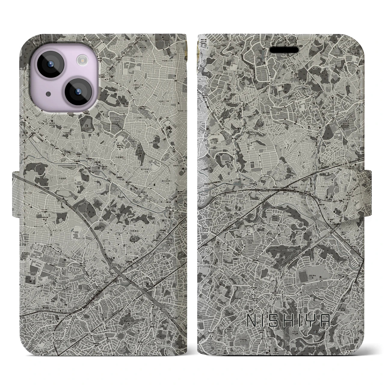 【西谷(神奈川県)】地図柄iPhoneケース(手帳タイプ)モノトーン・iPhone 14 用