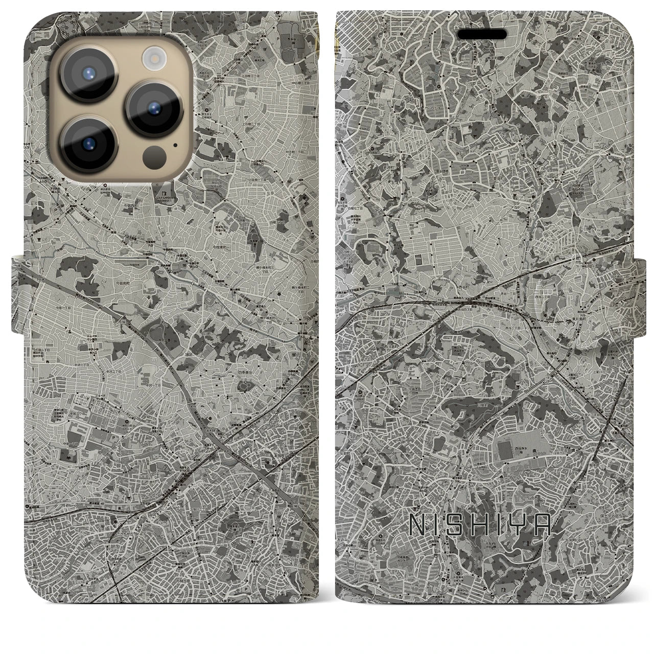 【西谷(神奈川県)】地図柄iPhoneケース(手帳タイプ)モノトーン・iPhone 14 Pro Max 用