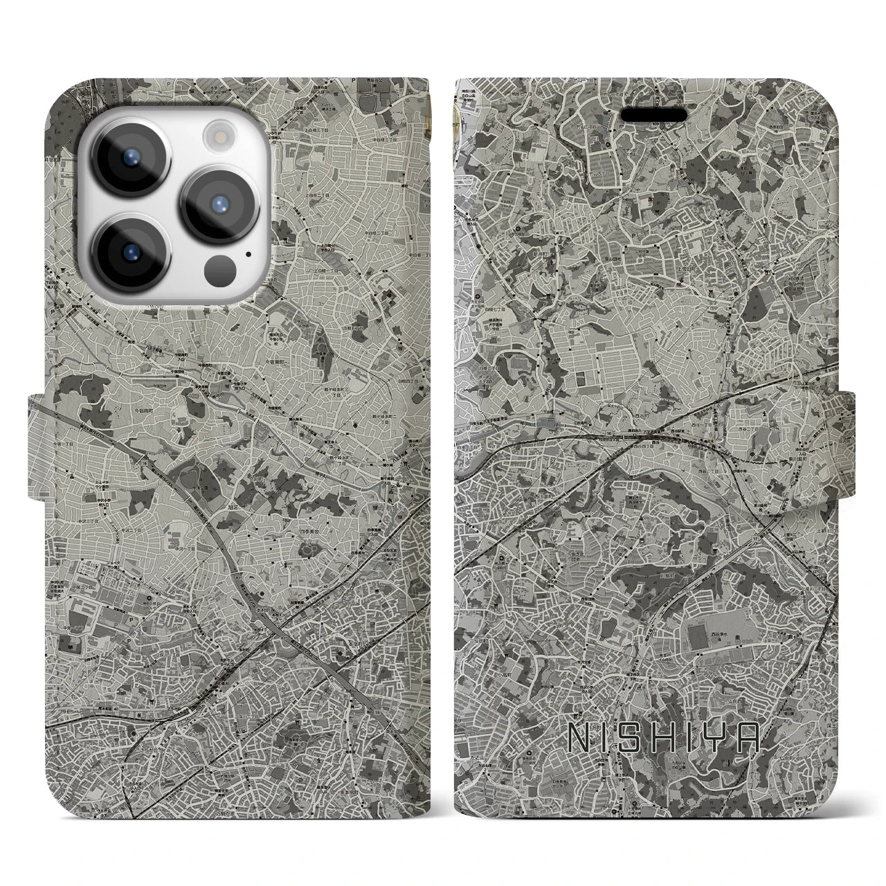 【西谷(神奈川県)】地図柄iPhoneケース(手帳タイプ)モノトーン・iPhone 14 Pro 用