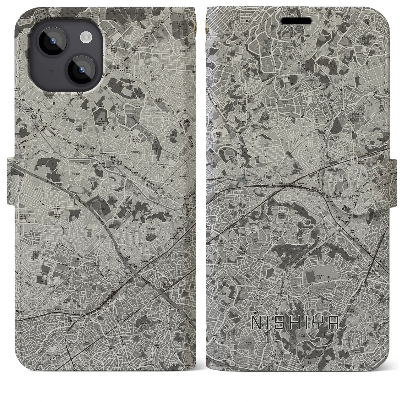 【西谷(神奈川県)】地図柄iPhoneケース(手帳タイプ)モノトーン・iPhone 14 Plus 用