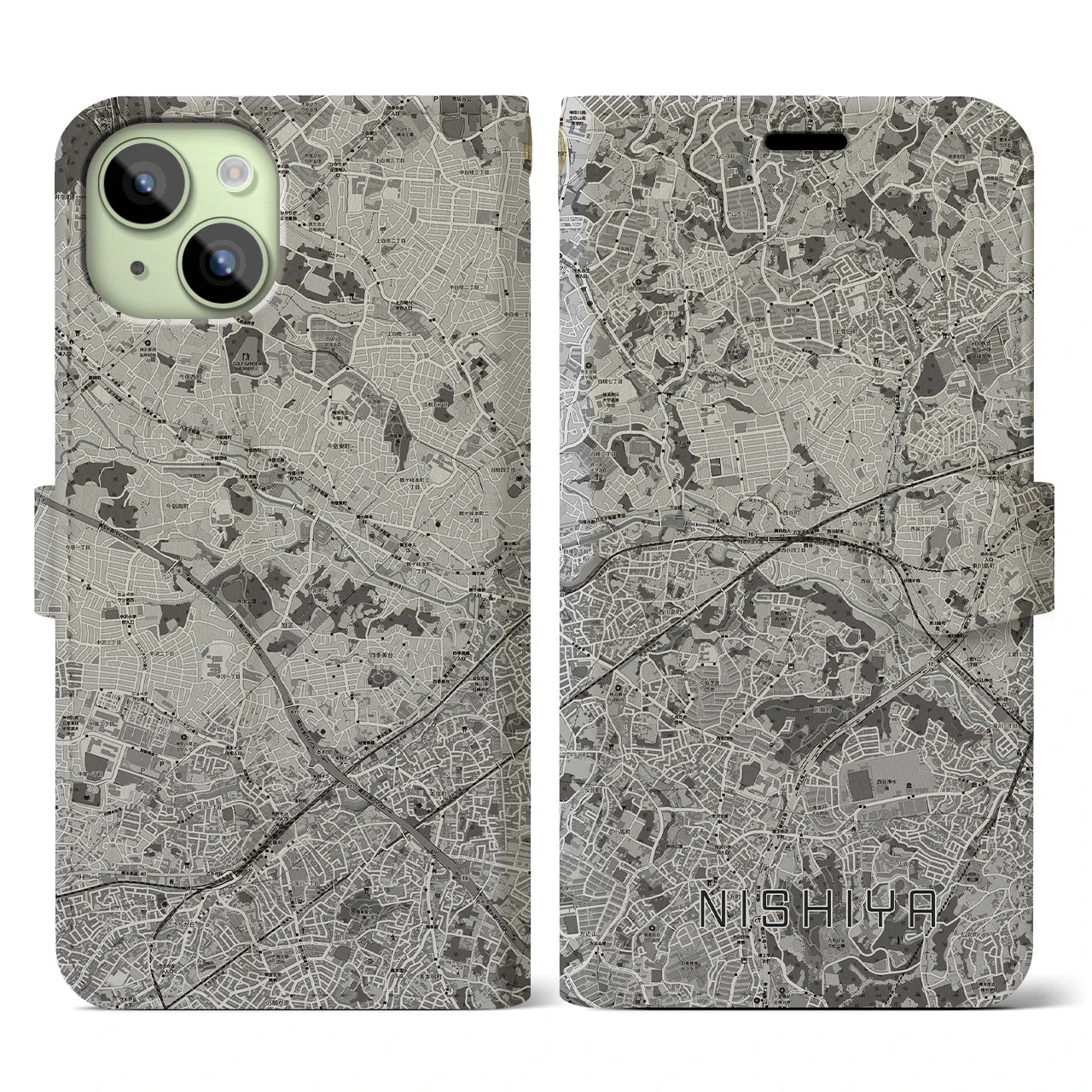 【西谷(神奈川県)】地図柄iPhoneケース(手帳タイプ)モノトーン・iPhone 15 用