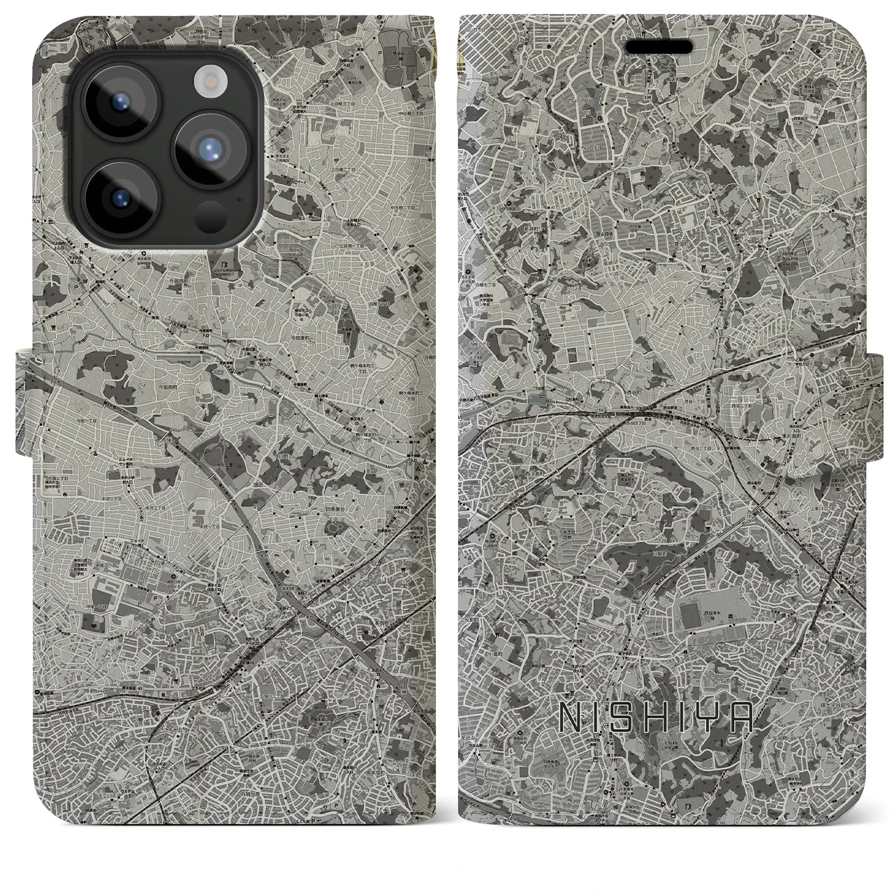 【西谷(神奈川県)】地図柄iPhoneケース(手帳タイプ)モノトーン・iPhone 15 Pro Max 用