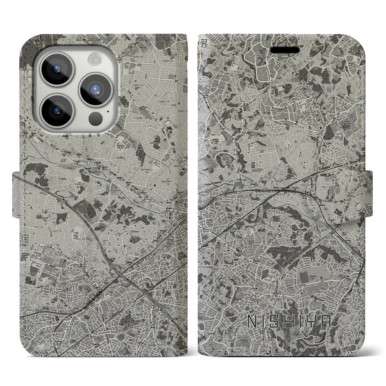 【西谷(神奈川県)】地図柄iPhoneケース(手帳タイプ)モノトーン・iPhone 15 Pro 用