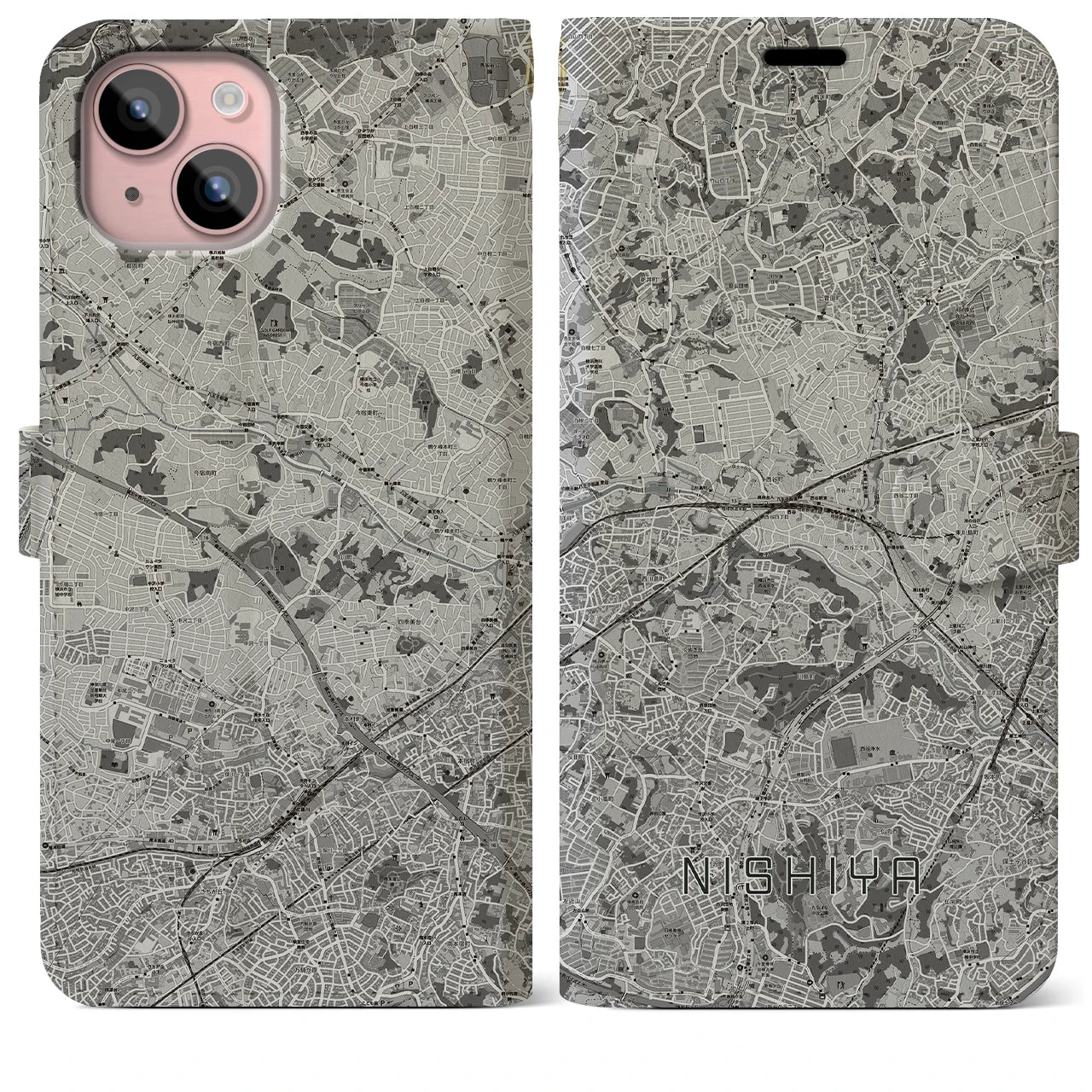 【西谷(神奈川県)】地図柄iPhoneケース(手帳タイプ)モノトーン・iPhone 15 Plus 用