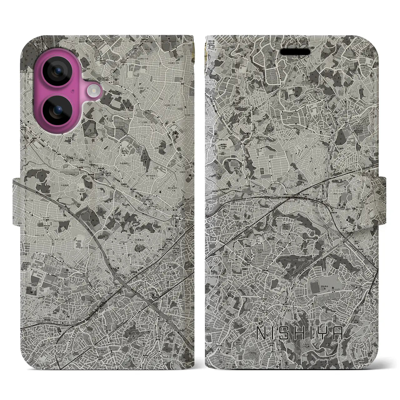 【西谷(神奈川県)】地図柄iPhoneケース(手帳タイプ)モノトーン・iPhone 16 Pro 用